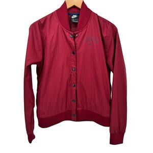 Nike Satin Jacket Womens Small Red Snap Up Varsity Cropped + Pockets Blue Logo